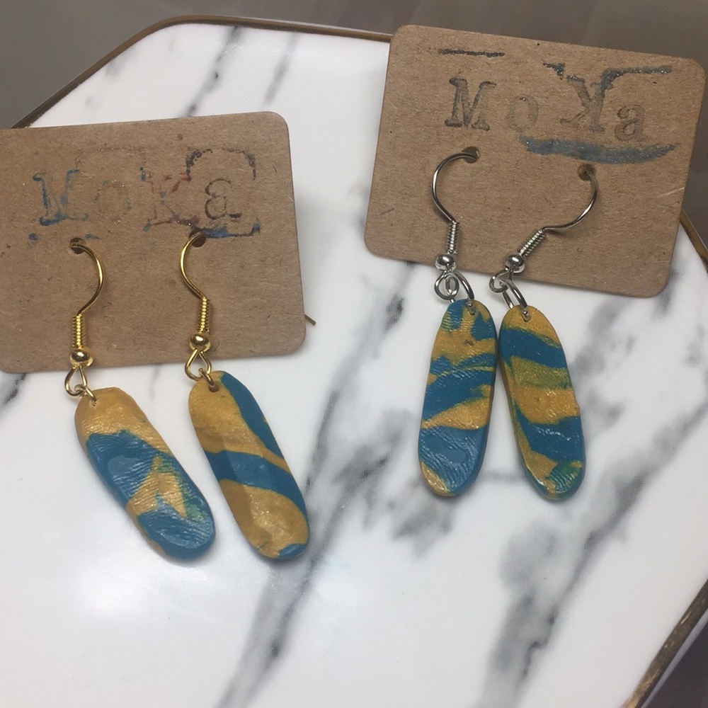 Handmade Polymer Clay Earrings - Blue/Gold Dangle